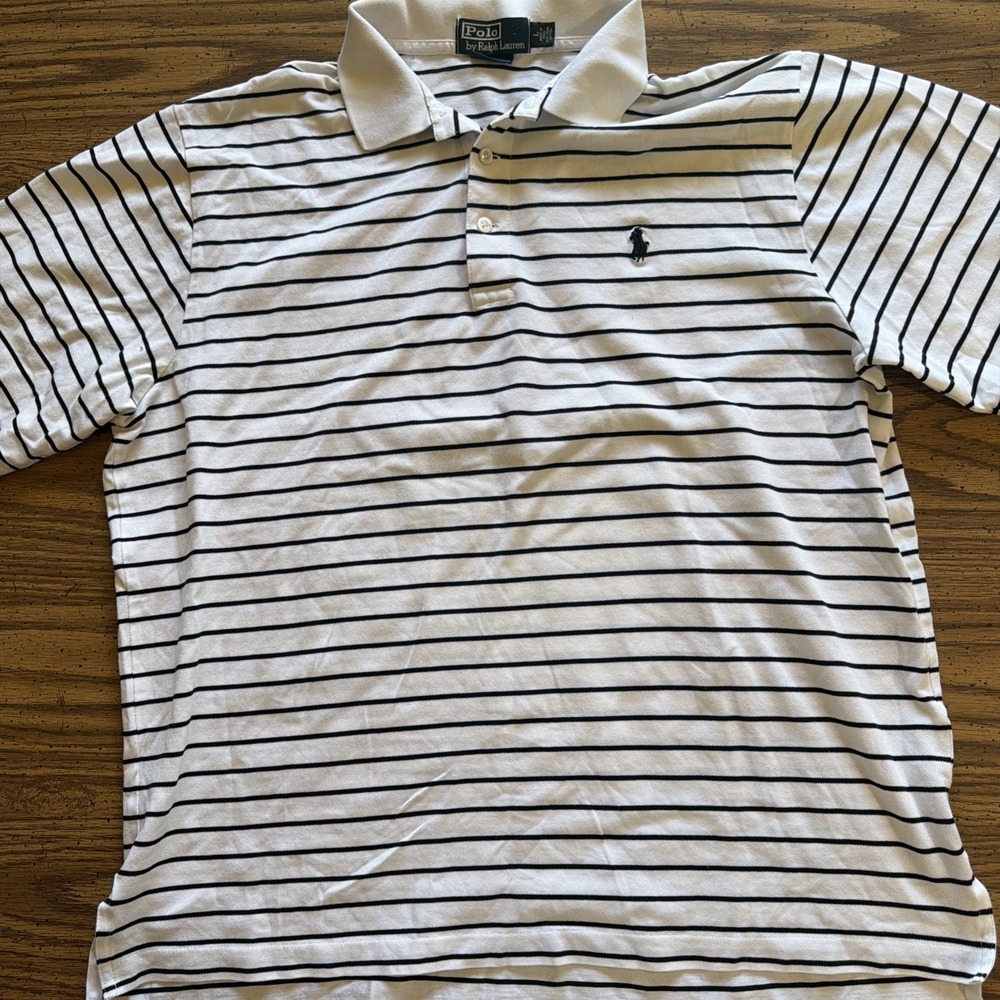 Ralph Lauren Polo Golf Shirt Mens L White Black Striped Pima Cotton Vintage